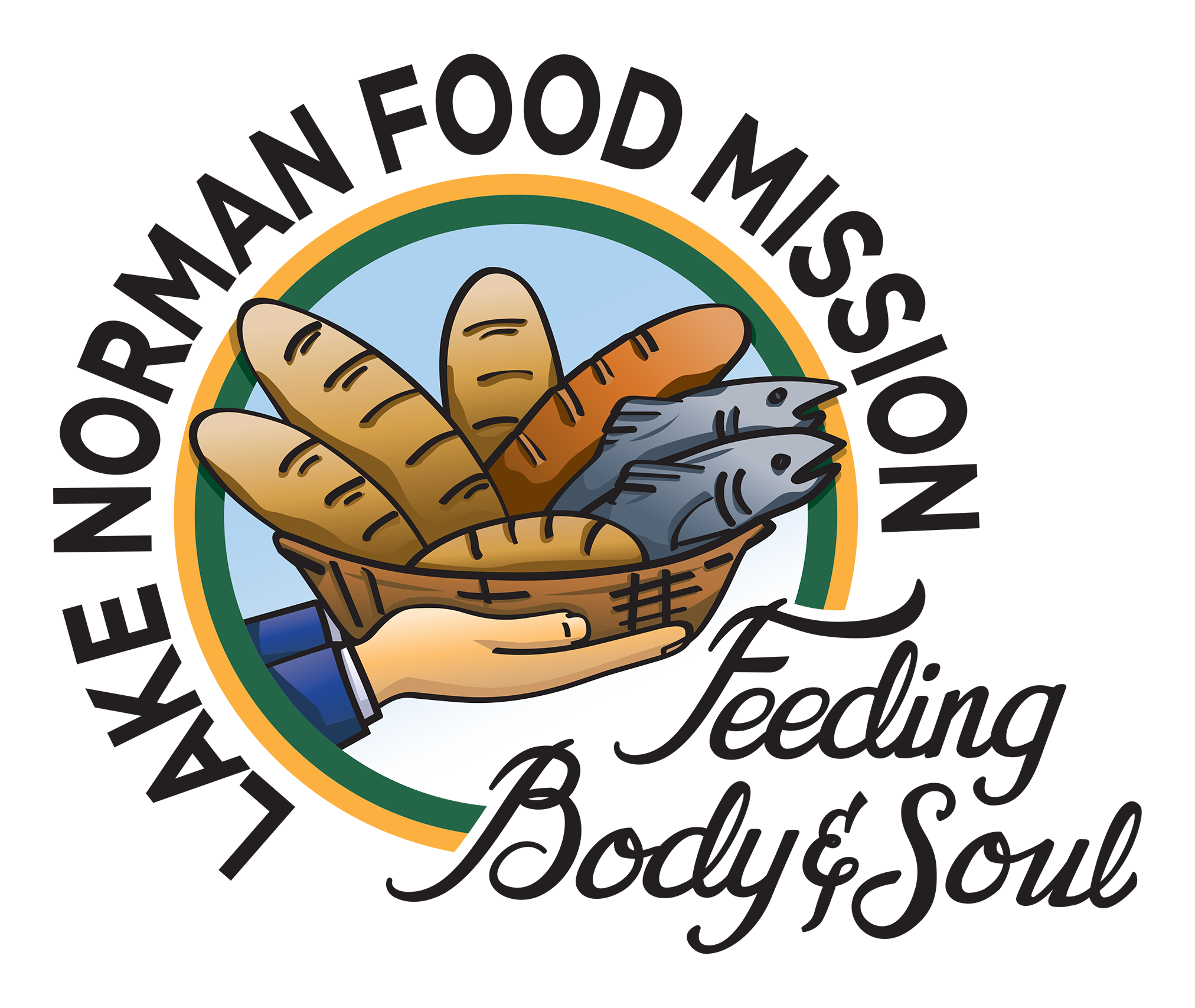 Hands holding a brown wicker basket with loaves of bread and fish encircled by Lake Norman Food Mission, Feeding body and soul