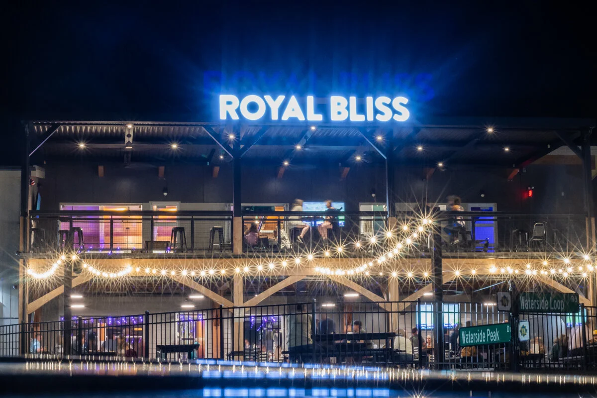 Exterior view of Royal Bliss Brewing at night